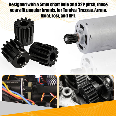 Beefy 13T 32P RC Car Pinion Gear Set 45 Steel Black Oxide 5mm Bore 0.03mm Tolerance Precision Motor Gear For One Tenth Scale RC Cars And 5mm Shaft Motors Includes 3 Pack With M4 Screws displayed next to motor and gear system