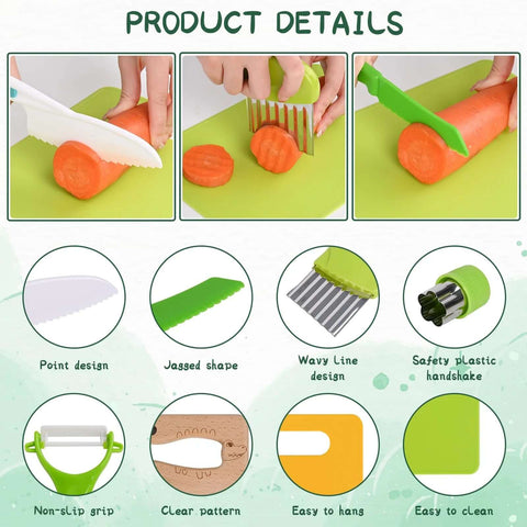 Kinggrand Kitchen 13-pc Montessori toddler tools set with kid-safe knives, crinkle cutter, peeler on green cutting board