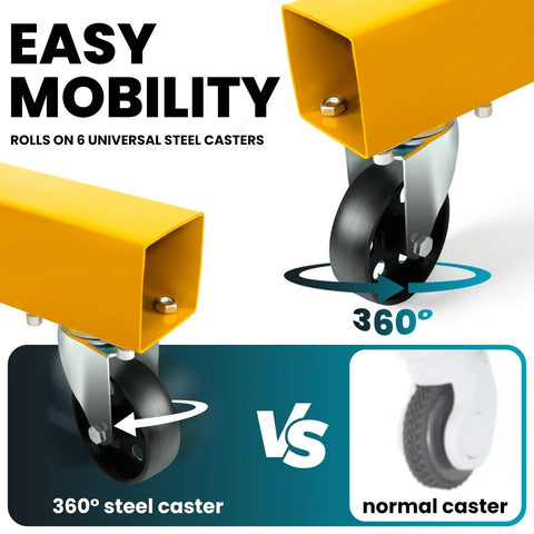 No Nonsense Heavy Duty Folding Engine Hoist Cherry Picker featuring 360-degree steel casters for easy mobility.