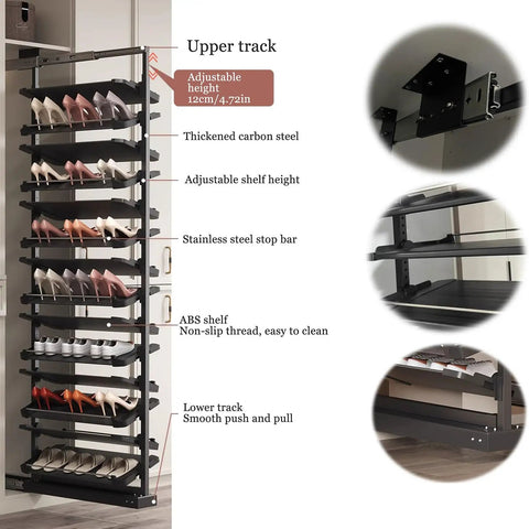 Premium Pullout Shoe Rack Organizer For Closet Adjustable Height Retractable Metal Stackable Vertical Shelf showcasing adjustable shelves and steel components.