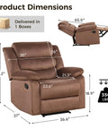 Dimensions of brown Manual Recliner Chair for Adults With Overstuffed Arms and Back Upholstered Fabric Sofa for Living Room