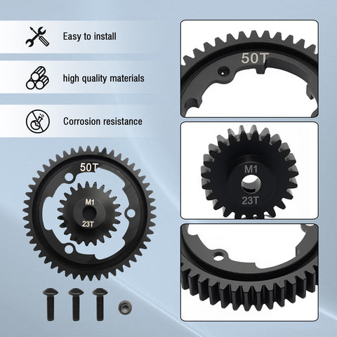 Beefed Up 50T M1.0 Hardened Steel Main Spur Gear With 23T Pinion For Traxxas RC Cars Upgrade Kit with screws and gear details
