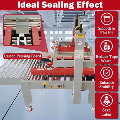 Fast As Heck Automatic Tape Sealer For Boxes Continuous Carton Packing Machine showing carton pressing board and sealing mechanism.