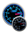 Front view of Prosport 52mm oil pressure gauge with blue LED display and sender unit; dual gauges shown