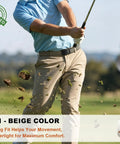 Golfer wearing 2 In 1 Reversible Ratchet Belt For Men With Stretch Black And Beige Adjustable 34 To 38 Inch Waist, swinging club.