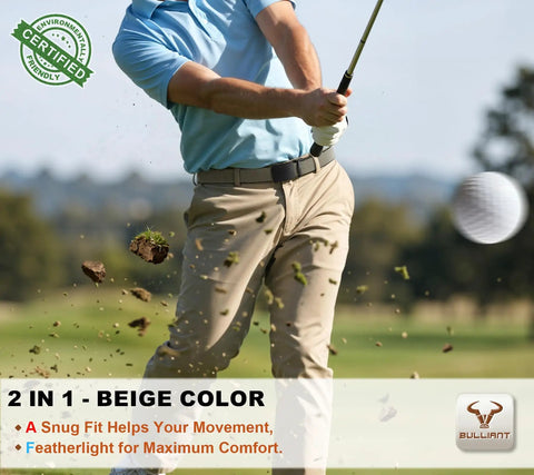 Golfer wearing 2 In 1 Reversible Ratchet Belt For Men With Stretch Black And Beige Adjustable 34 To 38 Inch Waist, swinging club.