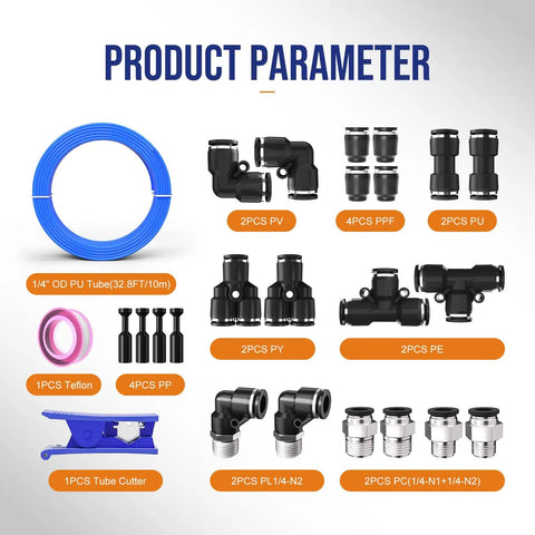 Quarter Inch Air Line Hose Kit With Push To Connect Fittings, 33 Feet Blue Polyurethane Tubing Product Parameter Overview