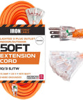 Heavy Duty 50ft Lighted Outdoor Extension Cord With 3 Outlets, 15 Amp 10/3 SJTW, Orange, Weather Resistant packaging