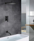 Dope Matte Black Shower Faucet Set With Tub Spout And Luxury Rain Mixer System in modern bathroom setting