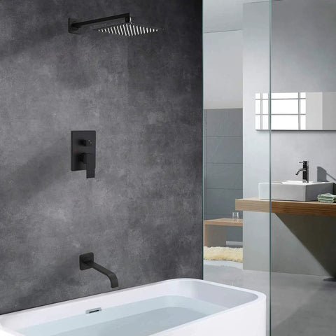 Dope Matte Black Shower Faucet Set With Tub Spout And Luxury Rain Mixer System in modern bathroom setting