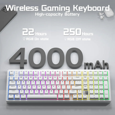 Rock Solid Aluminum Wireless Mechanical Gaming Keyboard With Dedicated Numberpad Featuring Tri Mode Bluetooth And Usb Wired Connection For Zero Lag Action And Butter Smooth Typing On Windows Mac And Tablets with RGB lighting and battery indicator.