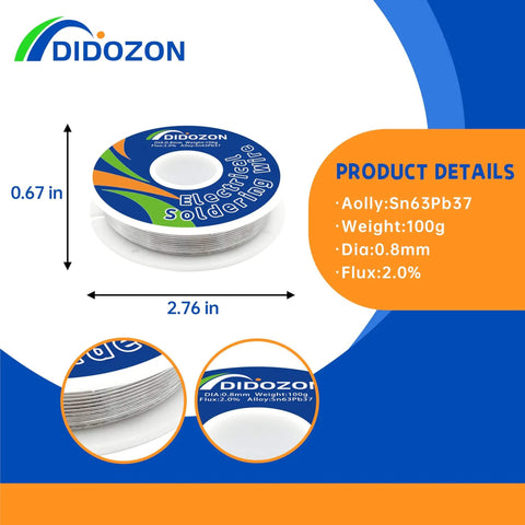 63/37 Tin Lead Rosin Core Solder Wire 0.8mm Dia 3.5oz spool with product size and details displayed