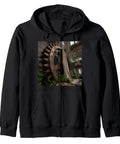 Classic Black Industrial Ruin Factory Machinery Zip Hoodie For Guys with large gear graphic, heavyweight design, perfect for streetwear.