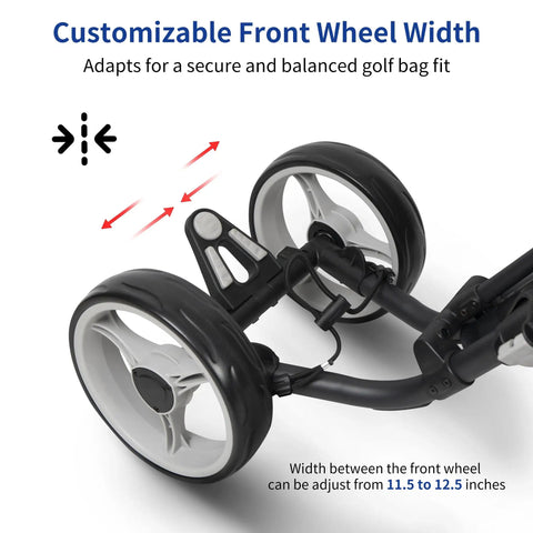 Explorer V8 Golf Push Cart built for the road with adjustable front wheel width shown in close-up detail
