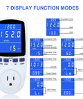 Power Meter Plug For Home Energy Monitoring With Backlit Display Tracks Watts Kilowatt Hours Volts Amps Hertz Power Factor Cost And Time Min Max Power 7 Display Modes Overload Protection shown front view