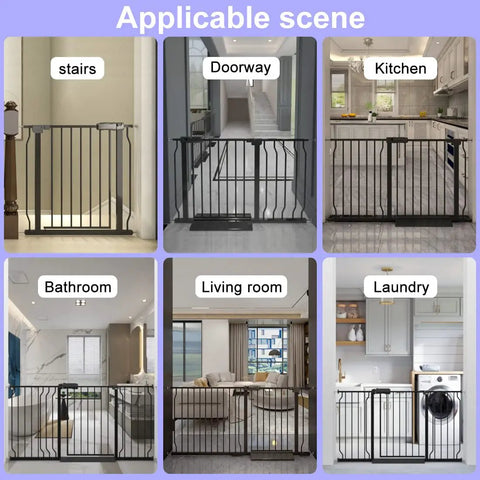 Scenes showing Extra Wide Baby Gate With Walk Through Door And Auto Close, EZ Install, in stairs, doorway, kitchen, and more.