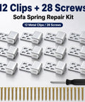 Rock Solid Upholstery Spring Clips Repair Kit For Saggy Couches And Sofas Includes Complete Set Of Carbon Steel Screws With Socket Driver, 12 clips and 28 screws.