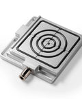 Genmitsu aluminum vacuum clamp pod angled top view; CNC hold-down plate with circular rings, silver.