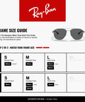 RB3683 Square Sunglasses Unisex 56mm Silver Frame Dark Grey Lenses, 100 Percent UV Protection, fitting guide image.