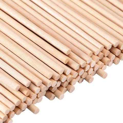 Premium Unfinished Wood Dowel Rods 1/8 Inch Diameter By 12 Inches Long, Smooth Natural Birch Hardwood Craft Sticks, visible raw birch dowel rods stacked.