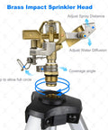 Brass impact sprinkler head with adjustable spray distance and water diffusion, part of Tripod Lawn Sprinklers Pack Of 2 Heavy Duty 360 Degree Coverage For Yard And Garden Adjustable Height Tripod With Sprinkler Head Nozzle And Three Quarter NH Inlet Hose Connection Easy Setup And Wide Irrigation Reach.