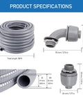 Heavy Duty Three Quarter Inch Flexible PVC Conduit Kit Pro Grade Easy Install With Thirty One Pieces Including Ten Couplings Ten Elbows And Ten Straps UV Resistant UL Listed Gray For HVAC And Refrigeration Installations product specifications with coiled conduit, elbow, and coupling dimensions.