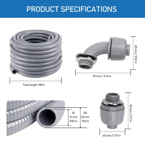 Heavy Duty Three Quarter Inch Flexible PVC Conduit Kit Pro Grade Easy Install With Thirty One Pieces Including Ten Couplings Ten Elbows And Ten Straps UV Resistant UL Listed Gray For HVAC And Refrigeration Installations product specifications with coiled conduit, elbow, and coupling dimensions.