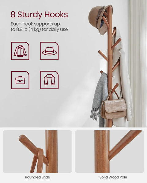 Freestanding Coat Rack With Eight Hooks And Storage Shelf, Tall Hallway Organizer for coats and hats in caramel brown, 67.2 inch tall