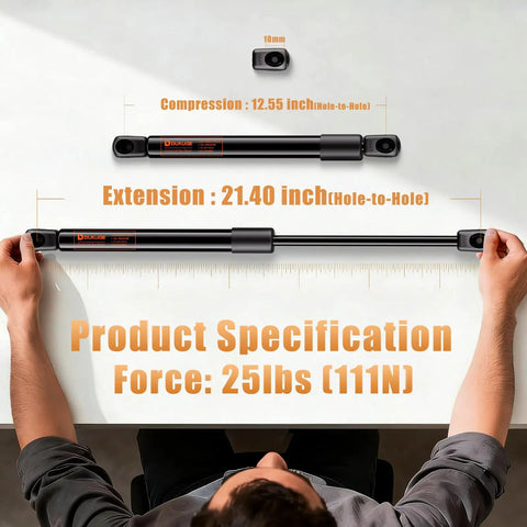 Heavy Duty Gas Struts 21.4 Inch 2 Pack 25 Lb Lift Supports For Rv Doors Camper Cabinets Boat Hatches shown with specifications on measuring surface.