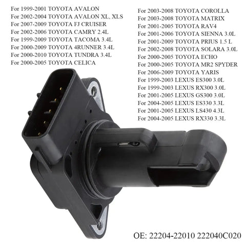 Mass Air Flow MAF Sensor Plug And Play Replacement For Toyota Camry 2002-2006, Corolla 2003-2008, front view, black plastic sensor
