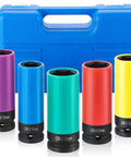 Five Piece One Half Inch Drive Impact Lug Nut Socket Set With Non Marring Thin Wall Design, CRV Alloy, Color Coded Protective Sleeve, Six Point Sizes 15 17 19 21 22 Mm, Rotating Nylon Wheel Protector For Safer Grippier Wheel Changes displayed with blue carrying case