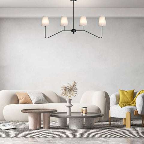 4 Light Kitchen Island Lighting Fixture Dope Modern Linear Chandelier Over Table Matte Black Finish With Linen Shades