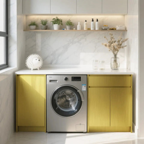 Modern laundry room with Gold Self Adhesive Wallpaper Peel And Stick Metallic Contact Paper For Walls And Surfaces Waterproof DIY Decor.
