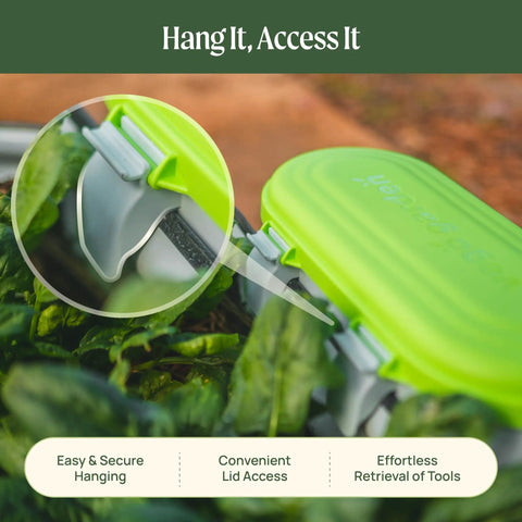 Heavy Duty Garden Tool Box Basil Green With Hinged Lid For Easy Access And Protection, showing secure hanging on garden bed