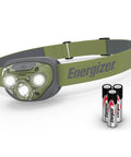 Ultra Bright LED Headlamp For Outdoors, Camping And Night Runs, IPX4 Water-Resistant, shown with batteries, hands-free