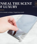 Hand peeling Luxury Hotel Scent Whole Home Air Freshener System packaging for HVAC filters and duct odor elimination.