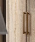 Wooden cupboard with Five Pack 7.56 Inch Antique Brass Cabinet Pulls, Beefy Solid Zinc Alloy Drawer Handles, installed vertically.