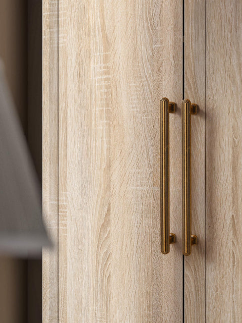Wooden cupboard with Five Pack 7.56 Inch Antique Brass Cabinet Pulls, Beefy Solid Zinc Alloy Drawer Handles, installed vertically.