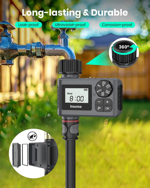 No Fuss Easy Set And Forget Outdoor Hose Faucet Timer With Rain Delay for programmable sprinkler, attached to faucet