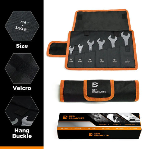 Ultra Thin Open End Wrench Set, SAE 6-Piece With Slim Profile Wrenches in Roll-Up Pouch, Carbon Steel, Mirror Chrome Finish