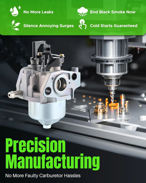 Image showing a carburetor next to manufacturing equipment, highlighting precision manufacturing for carburetor replacement kit use.