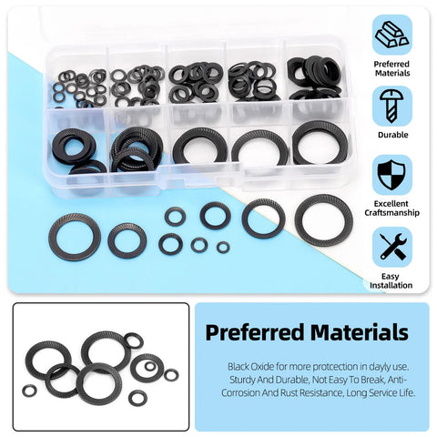 Conical knurled spring washers set with wedge locks and Belleville washers, black oxide steel, 160pcs in organizer.