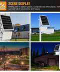 Beast Bright 300W Solar Flood Light illuminating outdoor areas at different times with solar panels and security features.