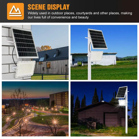 Beast Bright 300W Solar Flood Light illuminating outdoor areas at different times with solar panels and security features.
