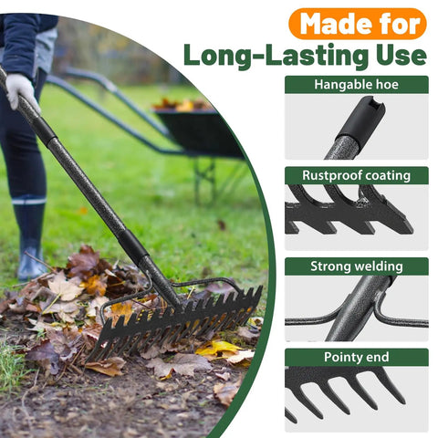 Heavy Duty Bow Rake With 63 Inch Handle And 17 Tines For Leaf Cleanup, Leveling Soil, mulch and compost spreading, weeding