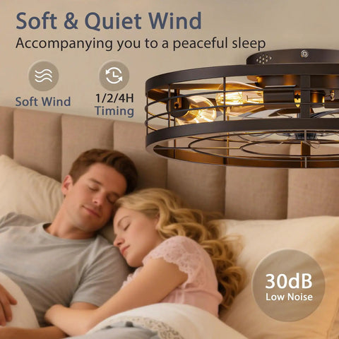 Premium Caged Ceiling Fan And Light With Remote Flush Mount Farmhouse Style Bladeless Design For Kitchen Bedroom Total Game Changer Industrial Black Decor That Brings Dope Modern Flow To Your Space above a couple sleeping.