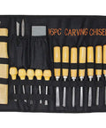 Heavy Duty 16 Piece Wood Carving Tool Set With Premium Handles Sharp Chisels And Gouges Includes Wooden Mallet And Whetstone displayed on a black roll-up case.