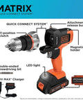 20V Max Matrix Cordless Drill And Driver Kit With Battery Included, Quick Connect System components displayed