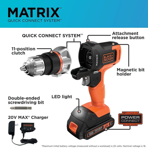 20V Max Matrix Cordless Drill And Driver Kit With Battery Included, Quick Connect System components displayed