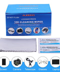 Front view of ALIBEISS Lens & Screen Cleaning Wipes box with 100 wipes and a microfiber cleaning cloth